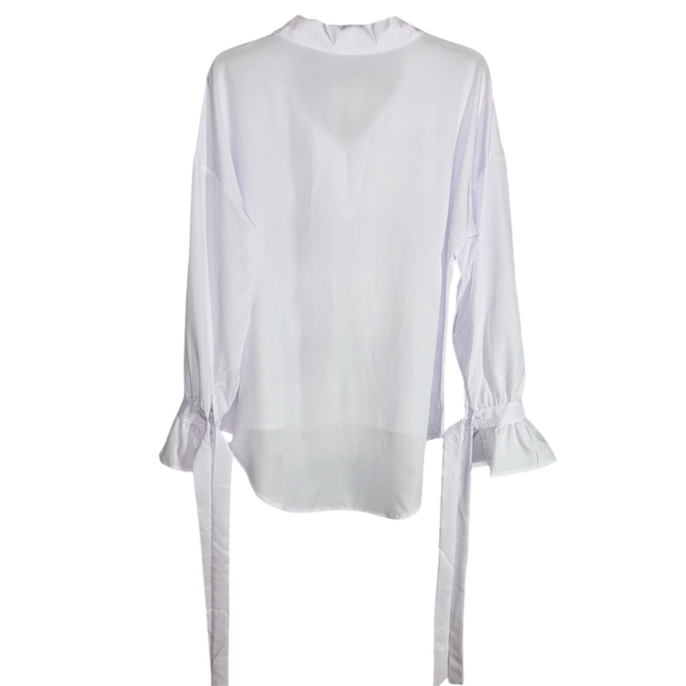White Oversized Hi-Lo Blouse with Ruffled Cuffs & Tie Sleeves Boutique Size - Picture 9 of 11